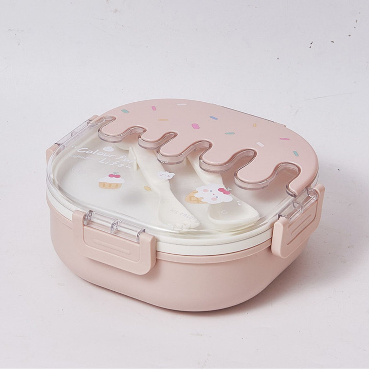 Bento Lunch Box for Kids Adults 3 Compartment Plastic Cute Ice Cream Lunch Snack Containers with Fork and Spoon for School Work Travel Pink
