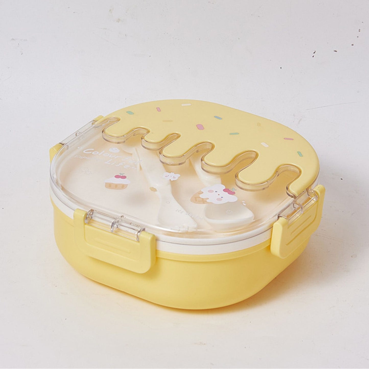 Bento Lunch Box for Kids Adults 3 Compartment Plastic Cute Ice Cream Lunch Snack Containers with Fork and Spoon for School Work Travel Yellow