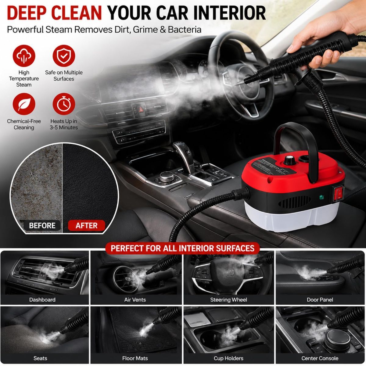 Versora Pro Car Steam Cleaner, 2500W Steam Cleaner, Lightweight High-Temp Steamer for Auto Detailing, Sofa, Tile & Grease, Large Tank + Brush Heads Included  - Red