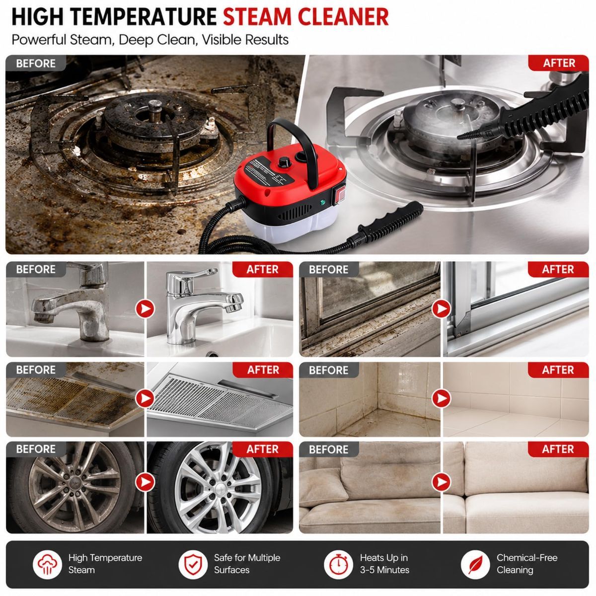 Versora Pro Car Steam Cleaner, 2500W Steam Cleaner, Lightweight High-Temp Steamer for Auto Detailing, Sofa, Tile & Grease, Large Tank + Brush Heads Included (White)