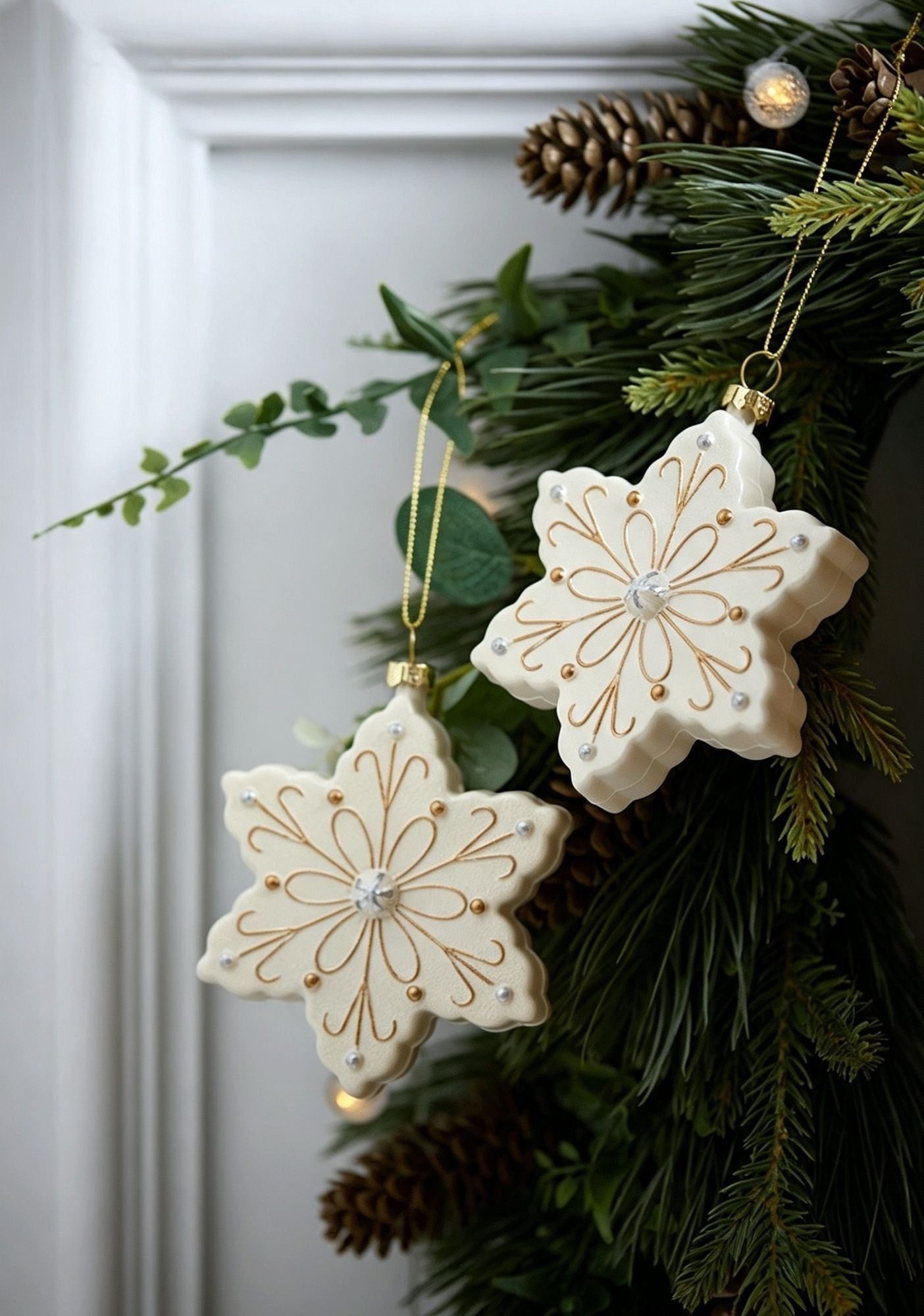 White & Gold 6 Pieces Assorted Hanging Ornament Set, Mixed Designs For Christmas & Halloween Scene Decoration