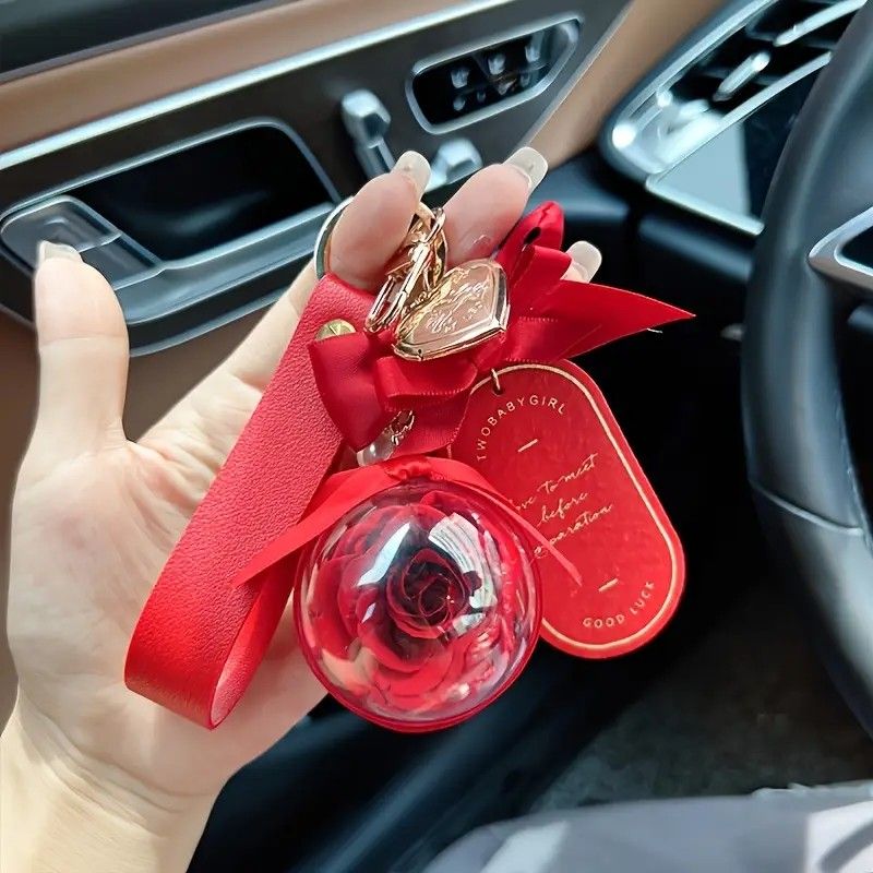 Preserved Flower Leather Keychain: Romantic and Cute to Carry Around, Perfect for Gifting or Personal Use(GREY)