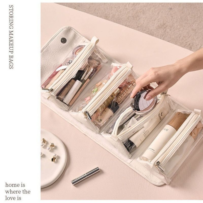 4-in-1 Travel Makeup Bag, Waterproof Foldable Large-Capacity Cosmetic Organizer, Hanging Wash Bag - Camel