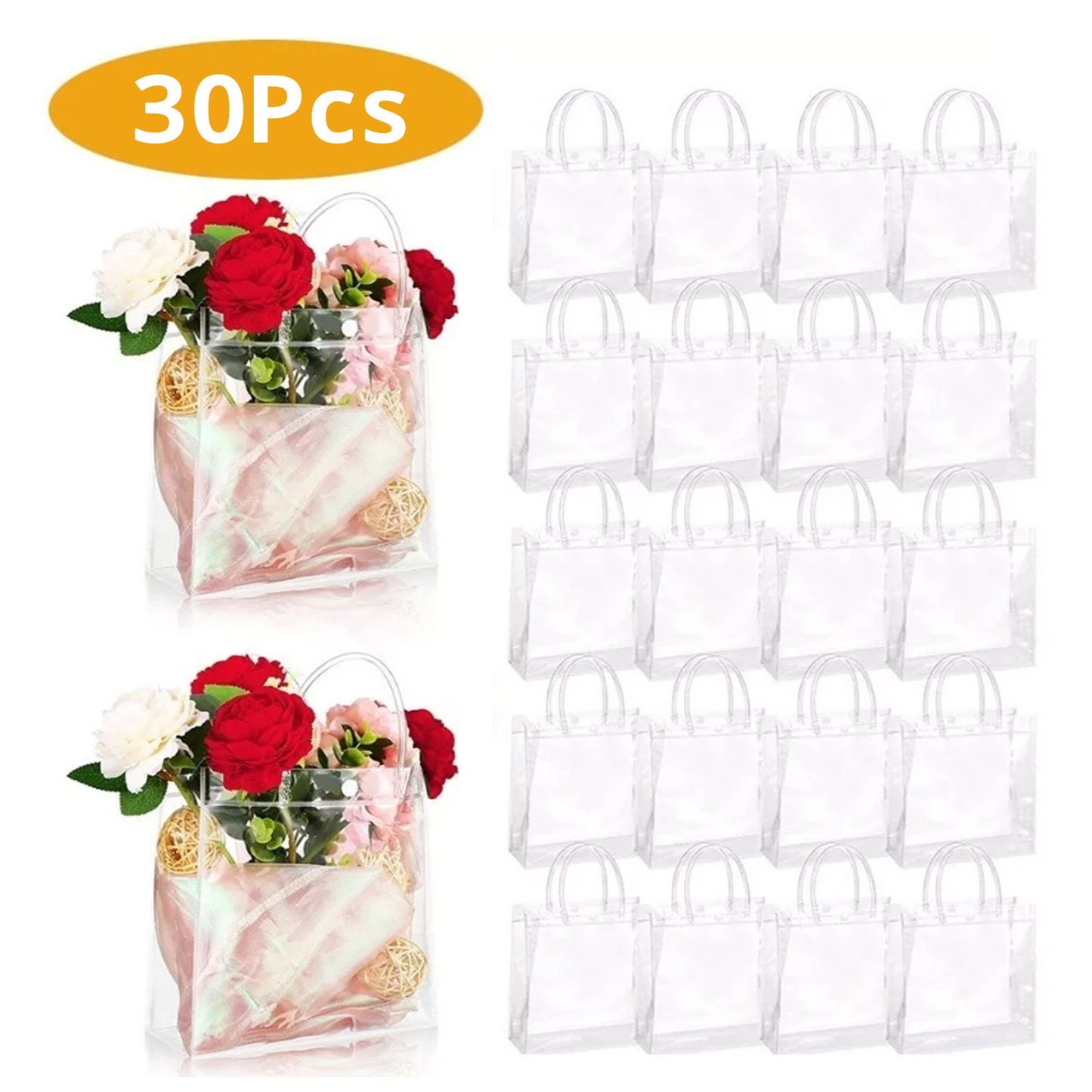 30Pcs Clear PVC Plastic Gift Bags with Handles Reusable Plastic Gift Wrap Tote Bags for Shopping Retail Goodies Business Boutique Wedding Birthday Party 20x20x8cm