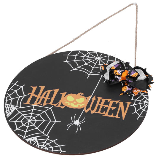 Halloween Spider Web Pattern Wooden Welcome Sign Decorative Hanging Board for Indoor OutdoorWith Bow
