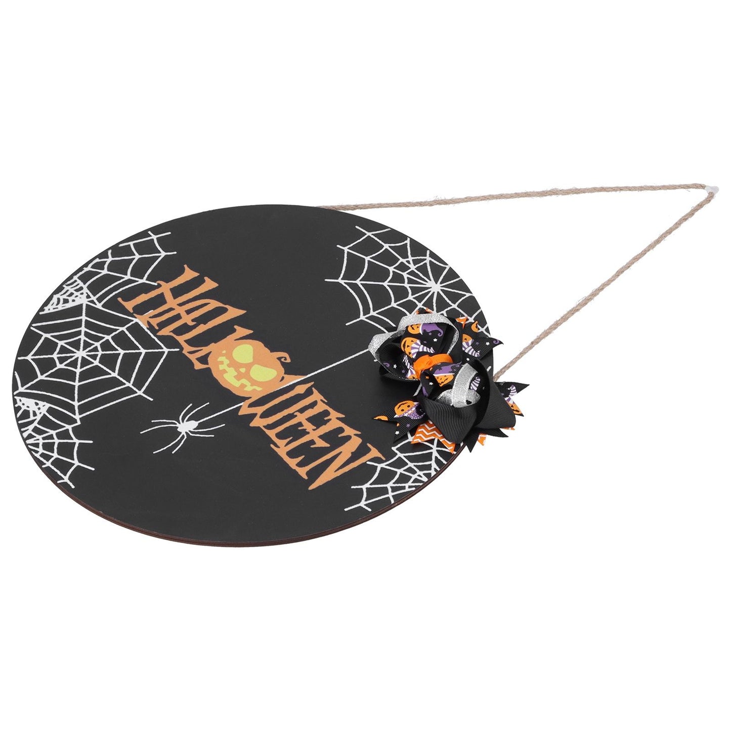 Halloween Spider Web Pattern Wooden Welcome Sign Decorative Hanging Board for Indoor OutdoorWith Bow