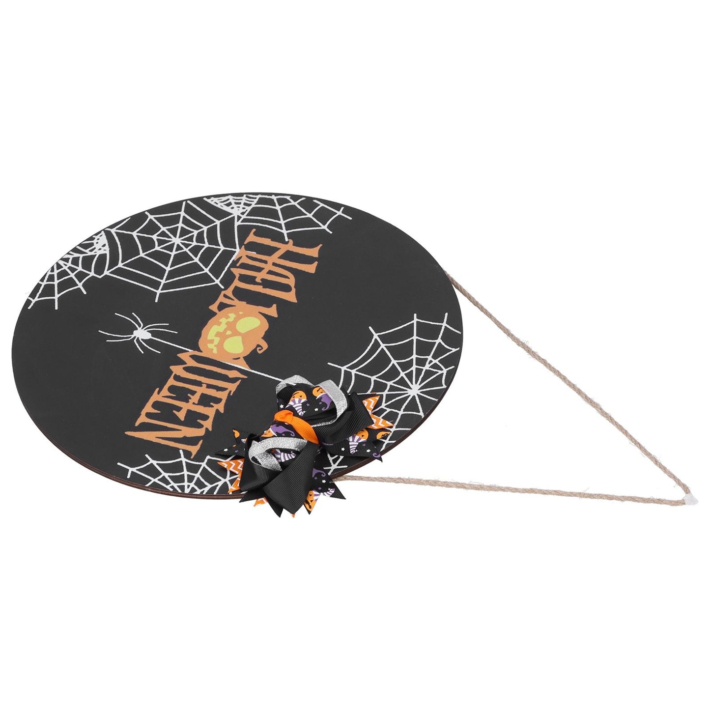 Halloween Spider Web Pattern Wooden Welcome Sign Decorative Hanging Board for Indoor OutdoorWith Bow