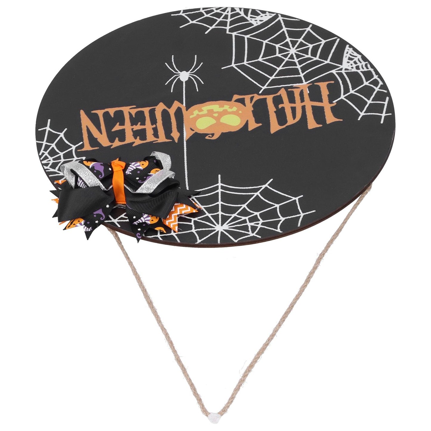Halloween Spider Web Pattern Wooden Welcome Sign Decorative Hanging Board for Indoor OutdoorWith Bow