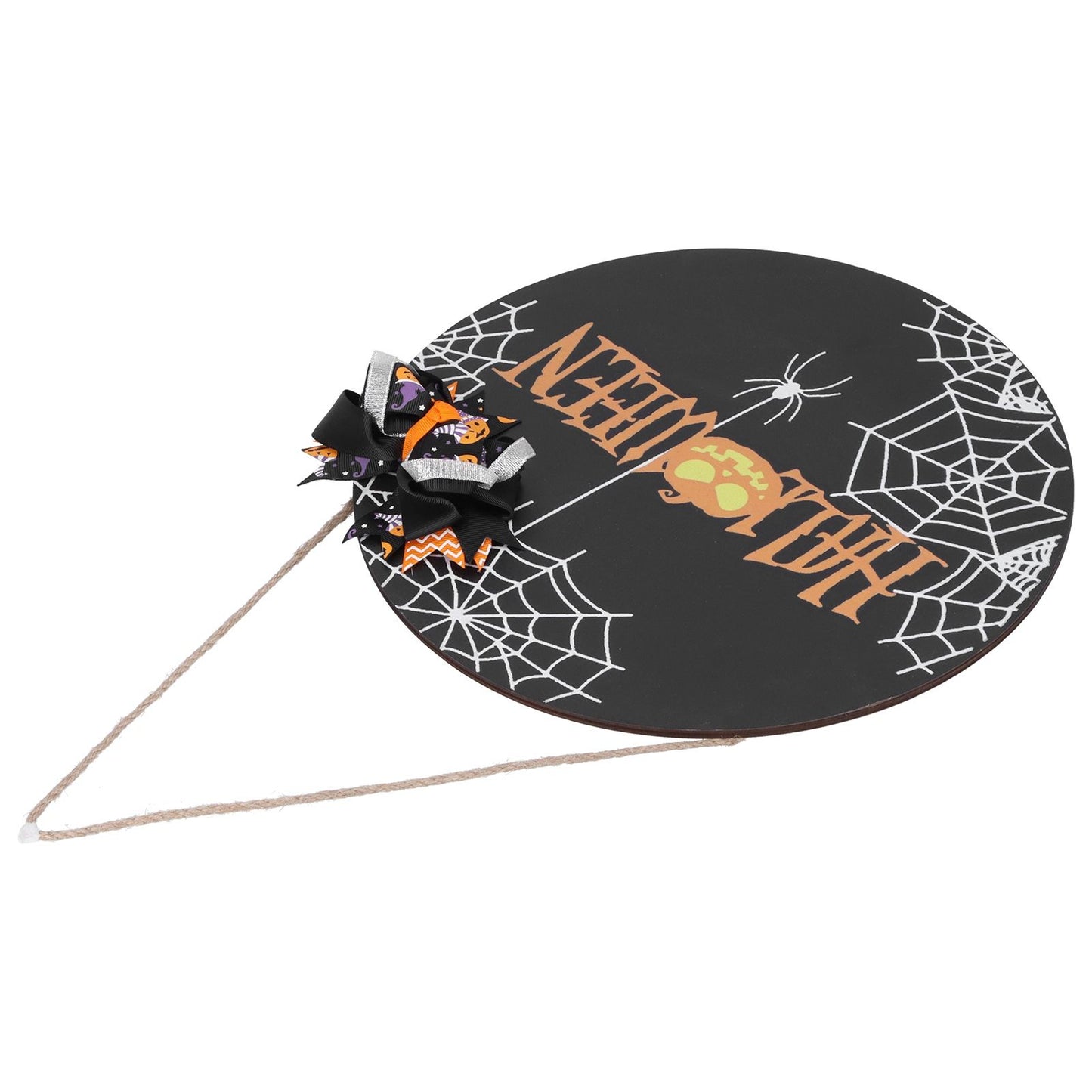 Halloween Spider Web Pattern Wooden Welcome Sign Decorative Hanging Board for Indoor OutdoorWith Bow