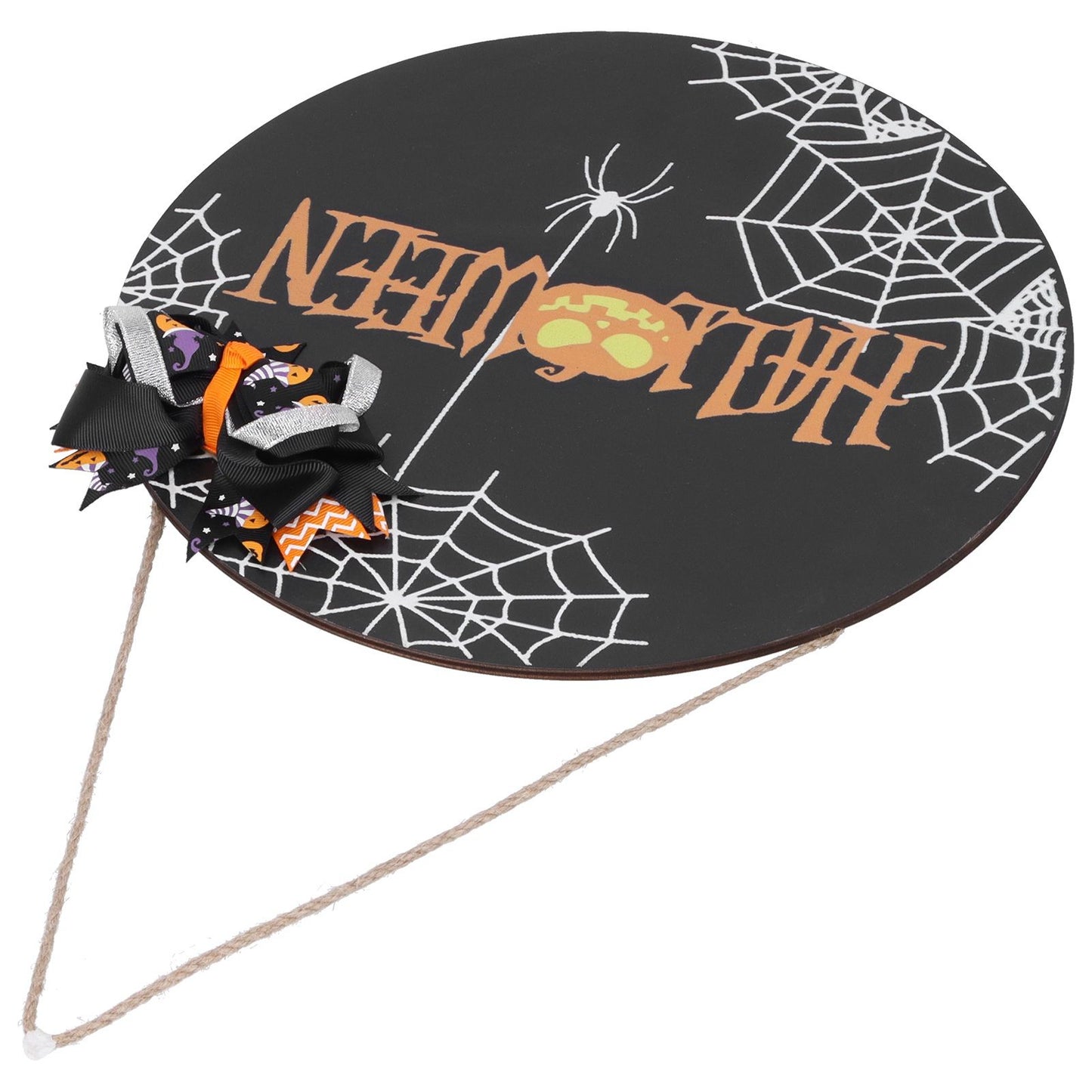 Halloween Spider Web Pattern Wooden Welcome Sign Decorative Hanging Board for Indoor OutdoorWith Bow