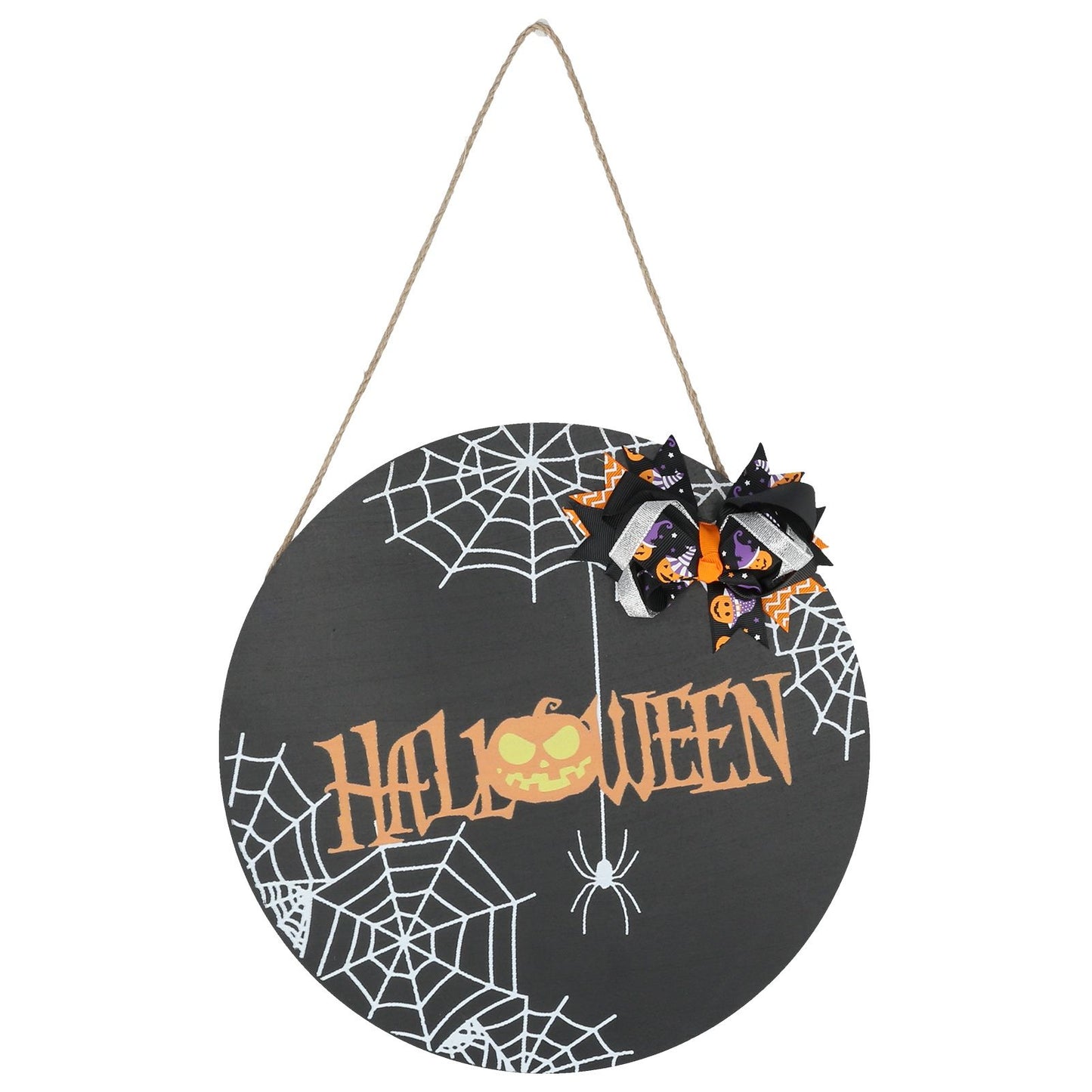 Halloween Spider Web Pattern Wooden Welcome Sign Decorative Hanging Board for Indoor OutdoorWith Bow