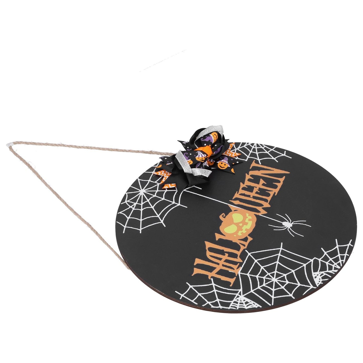 Halloween Spider Web Pattern Wooden Welcome Sign Decorative Hanging Board for Indoor OutdoorWith Bow