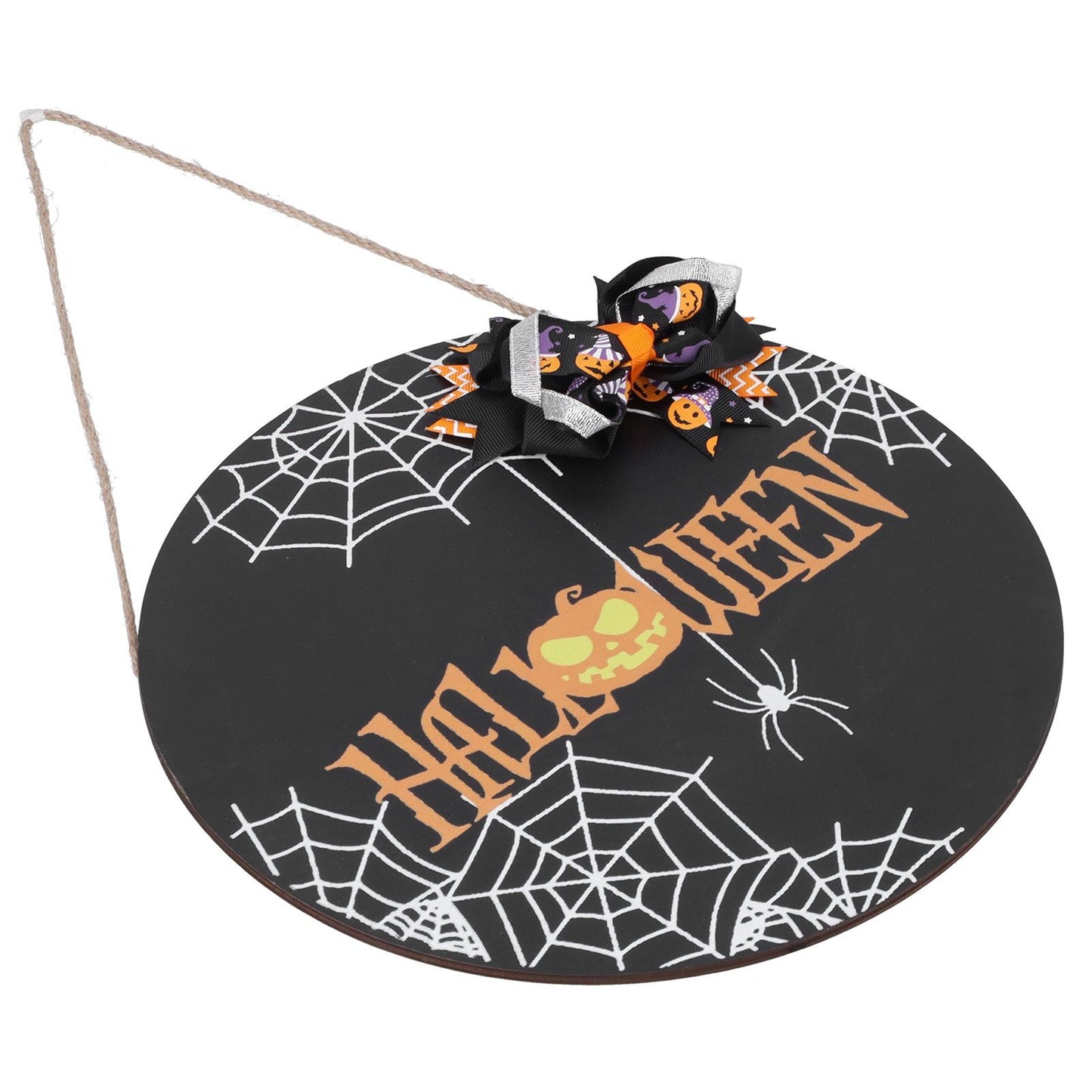 Halloween Spider Web Pattern Wooden Welcome Sign Decorative Hanging Board for Indoor OutdoorWith Bow