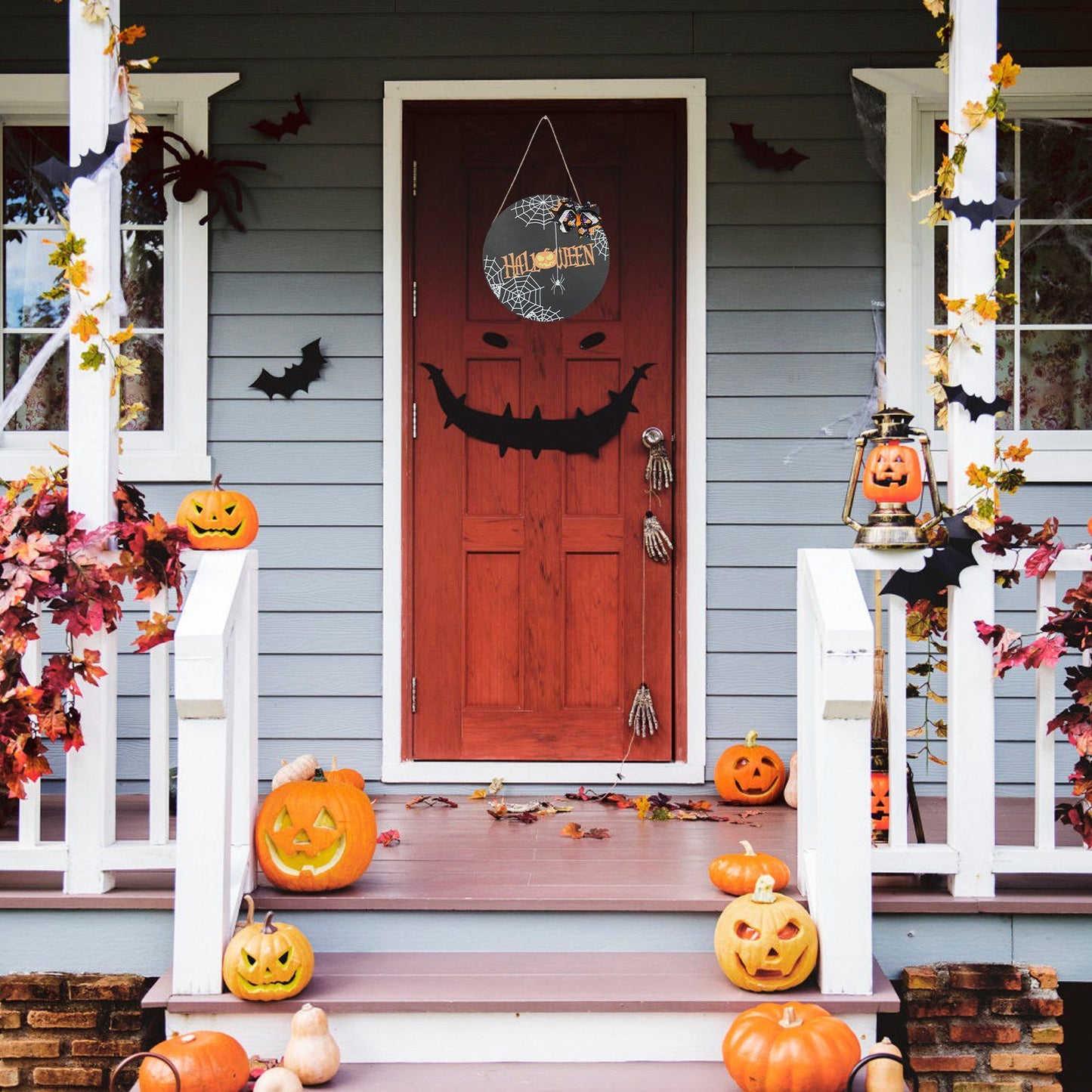 Halloween Spider Web Pattern Wooden Welcome Sign Decorative Hanging Board for Indoor OutdoorWith Bow