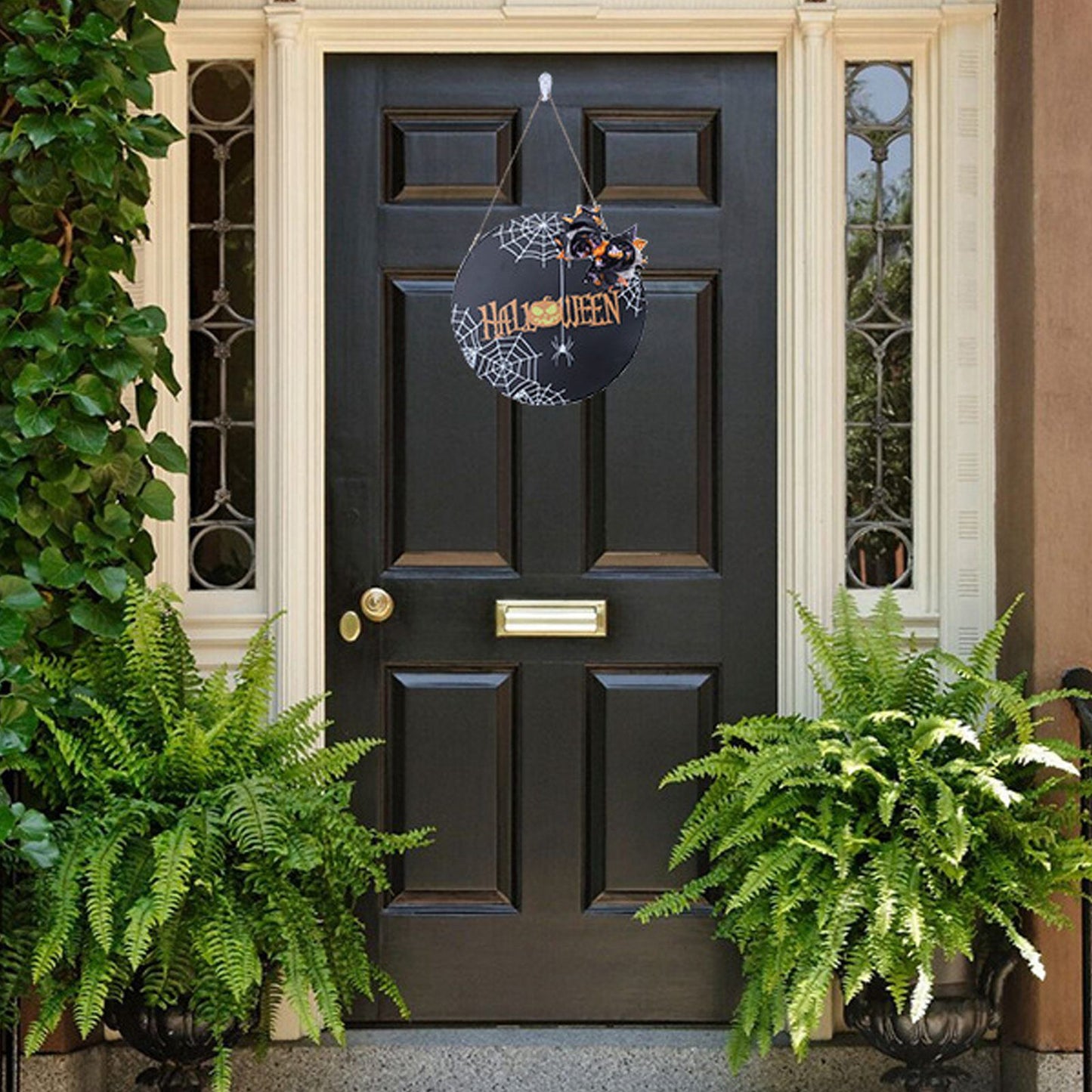 Halloween Spider Web Pattern Wooden Welcome Sign Decorative Hanging Board for Indoor OutdoorWith Bow