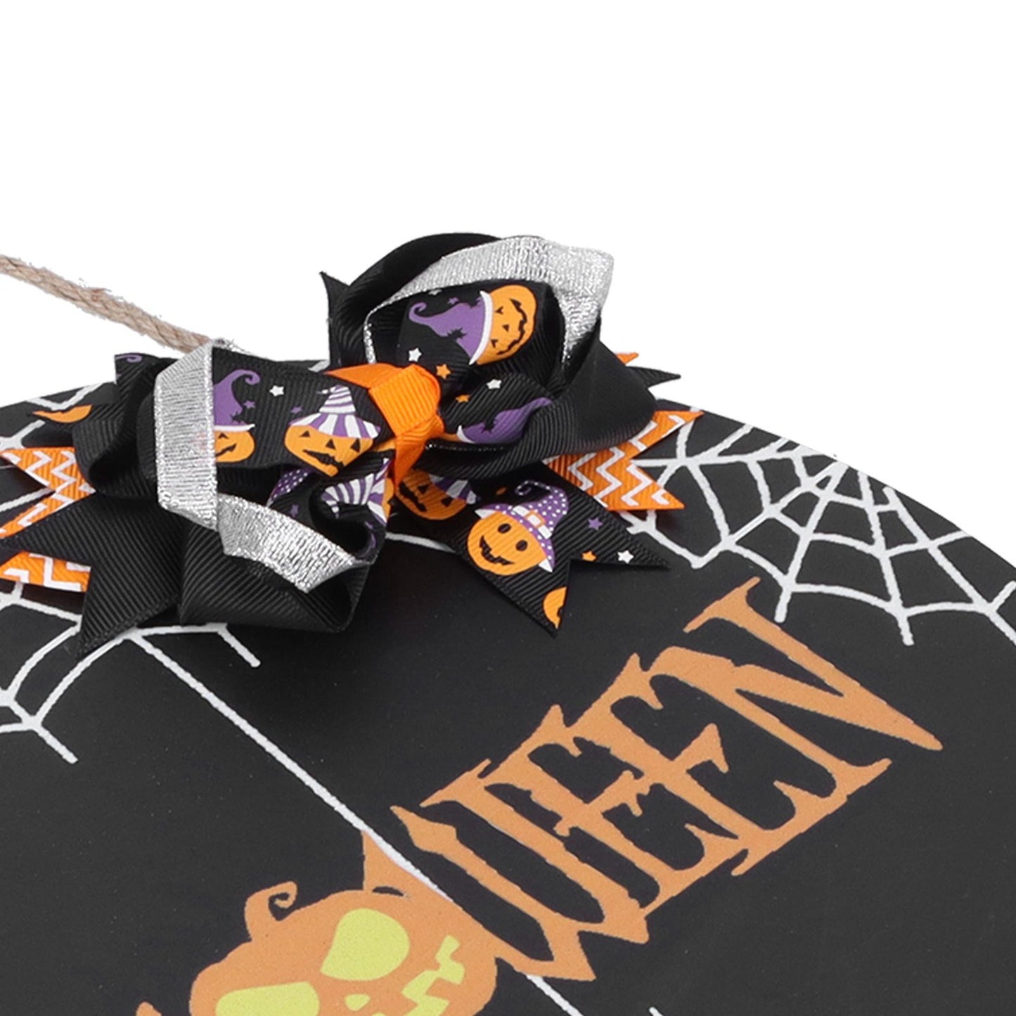 Halloween Spider Web Pattern Wooden Welcome Sign Decorative Hanging Board for Indoor OutdoorWith Bow