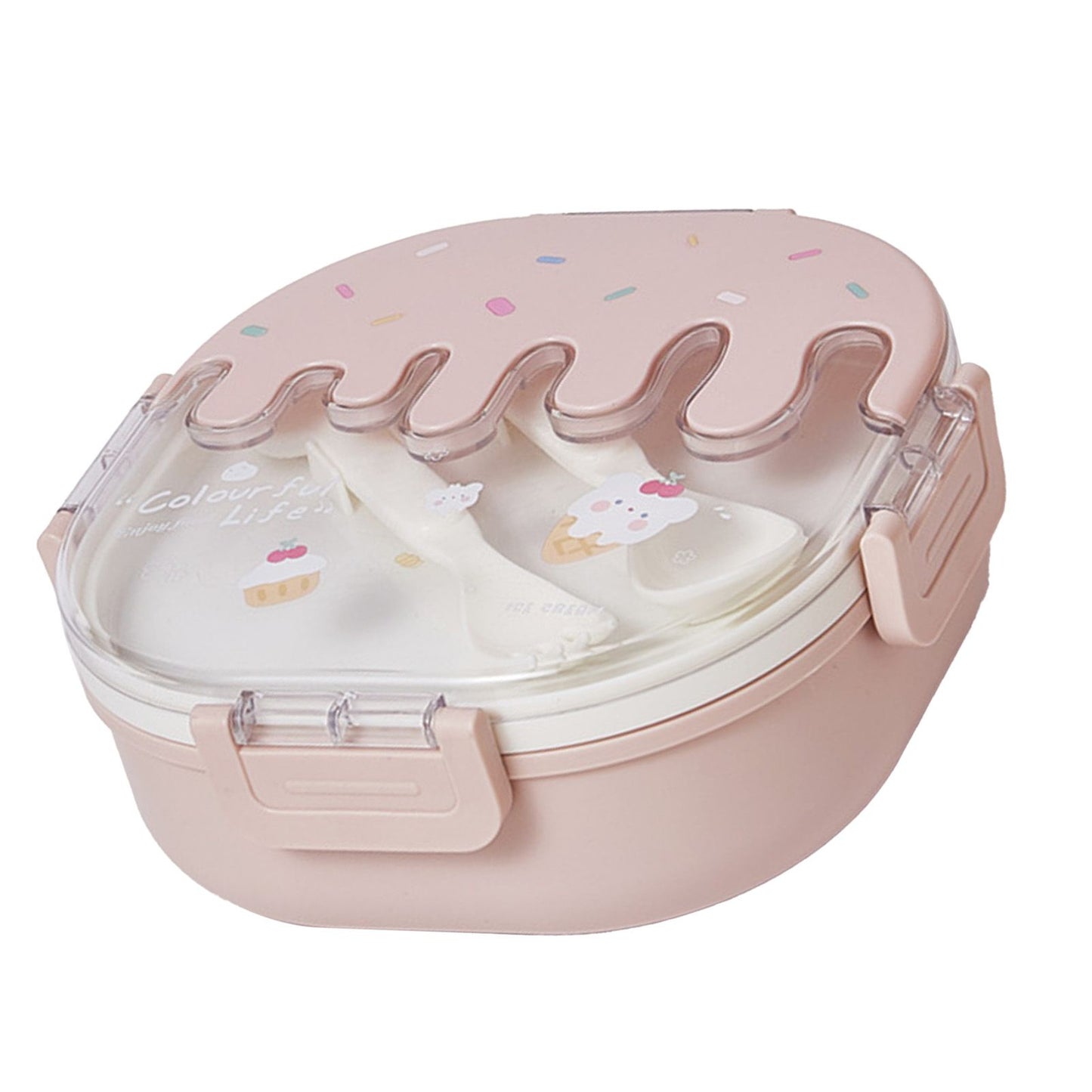 Bento Lunch Box for Kids Adults 3 Compartment Plastic Cute Ice Cream Lunch Snack Containers with Fork and Spoon for School Work Travel Pink