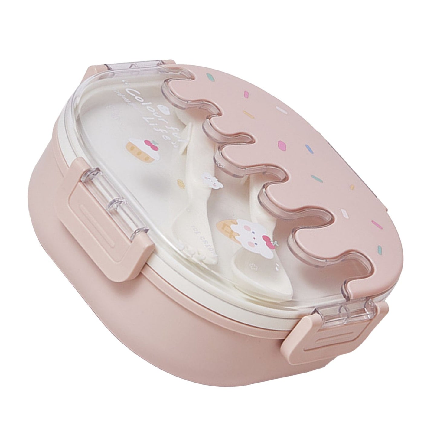 Bento Lunch Box for Kids Adults 3 Compartment Plastic Cute Ice Cream Lunch Snack Containers with Fork and Spoon for School Work Travel Pink