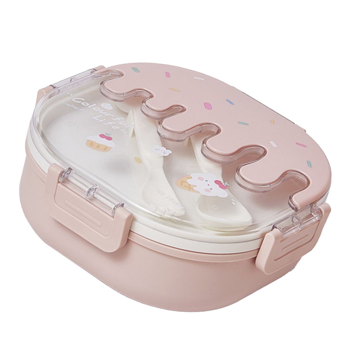 Bento Lunch Box for Kids Adults 3 Compartment Plastic Cute Ice Cream Lunch Snack Containers with Fork and Spoon for School Work Travel Pink