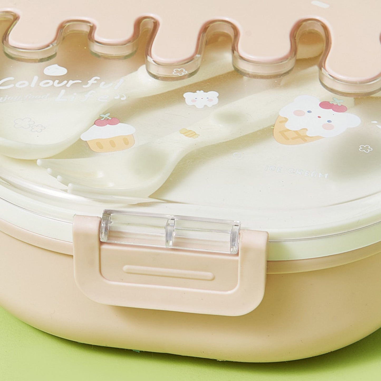 Bento Lunch Box for Kids Adults 3 Compartment Plastic Cute Ice Cream Lunch Snack Containers with Fork and Spoon for School Work Travel Pink