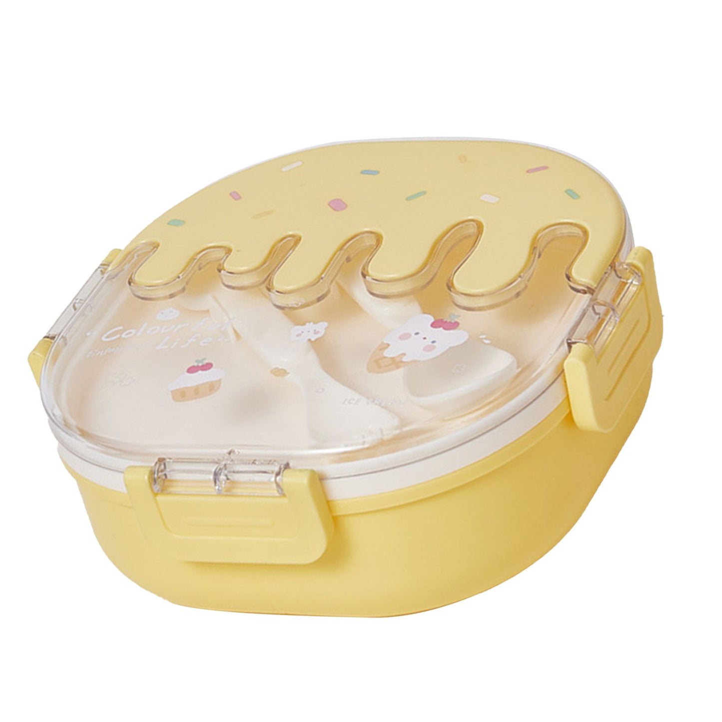 Bento Lunch Box for Kids Adults 3 Compartment Plastic Cute Ice Cream Lunch Snack Containers with Fork and Spoon for School Work Travel Yellow