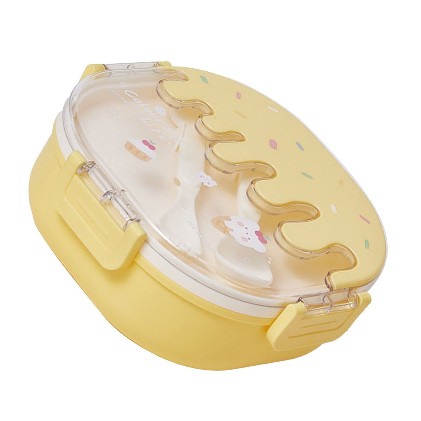 Bento Lunch Box for Kids Adults 3 Compartment Plastic Cute Ice Cream Lunch Snack Containers with Fork and Spoon for School Work Travel Yellow