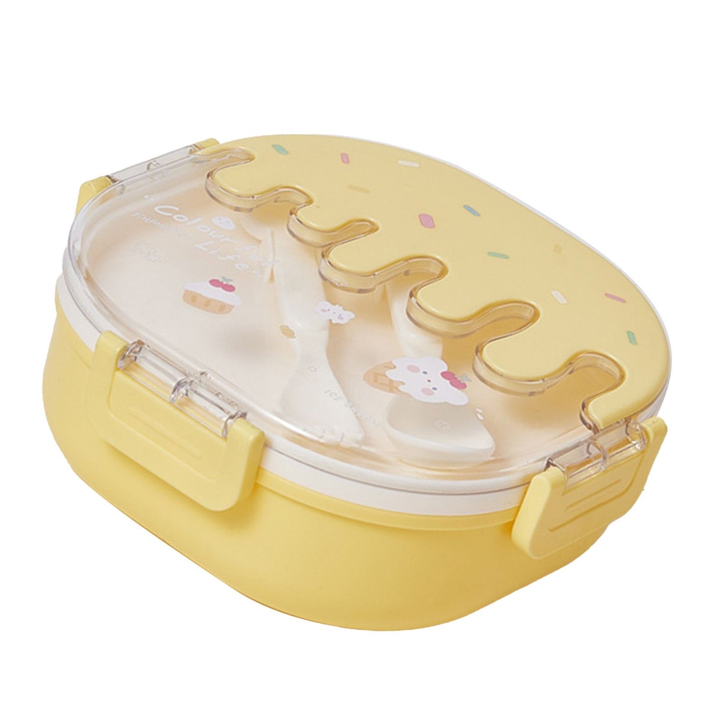 Bento Lunch Box for Kids Adults 3 Compartment Plastic Cute Ice Cream Lunch Snack Containers with Fork and Spoon for School Work Travel Yellow