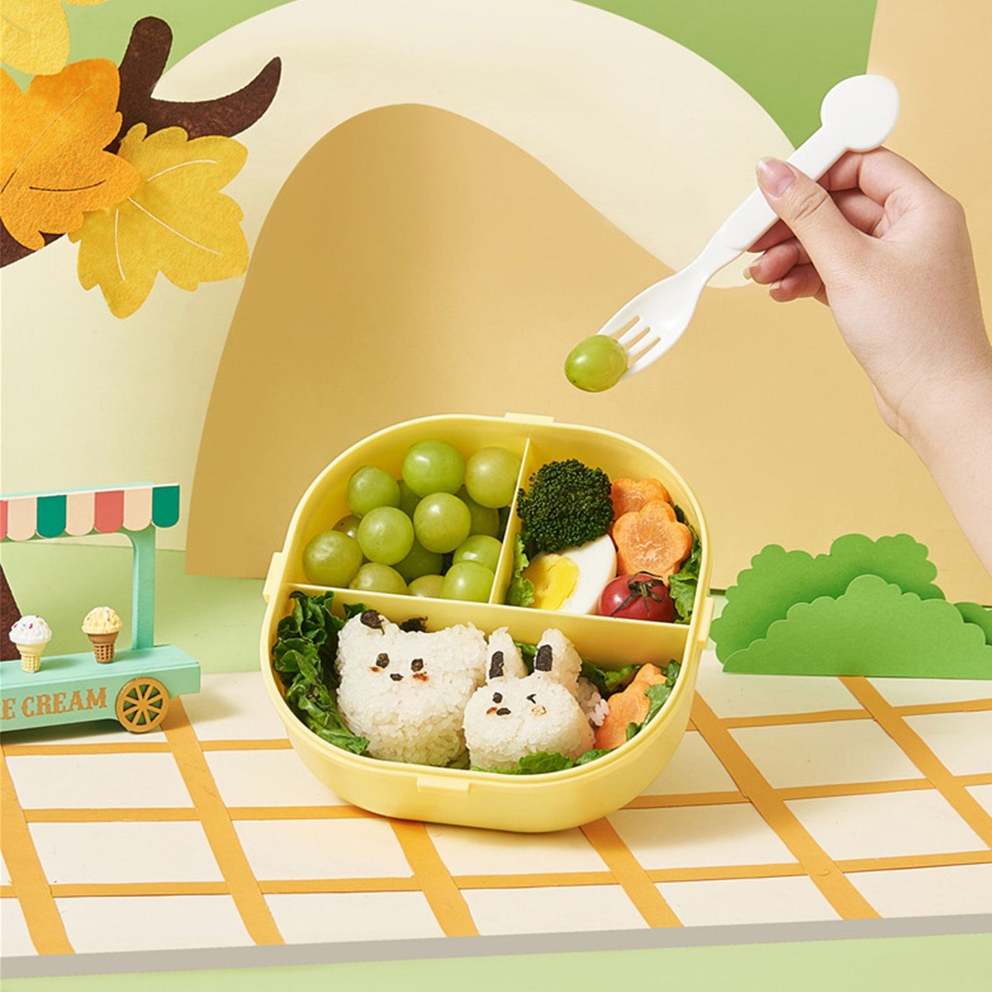 Bento Lunch Box for Kids Adults 3 Compartment Plastic Cute Ice Cream Lunch Snack Containers with Fork and Spoon for School Work Travel Yellow