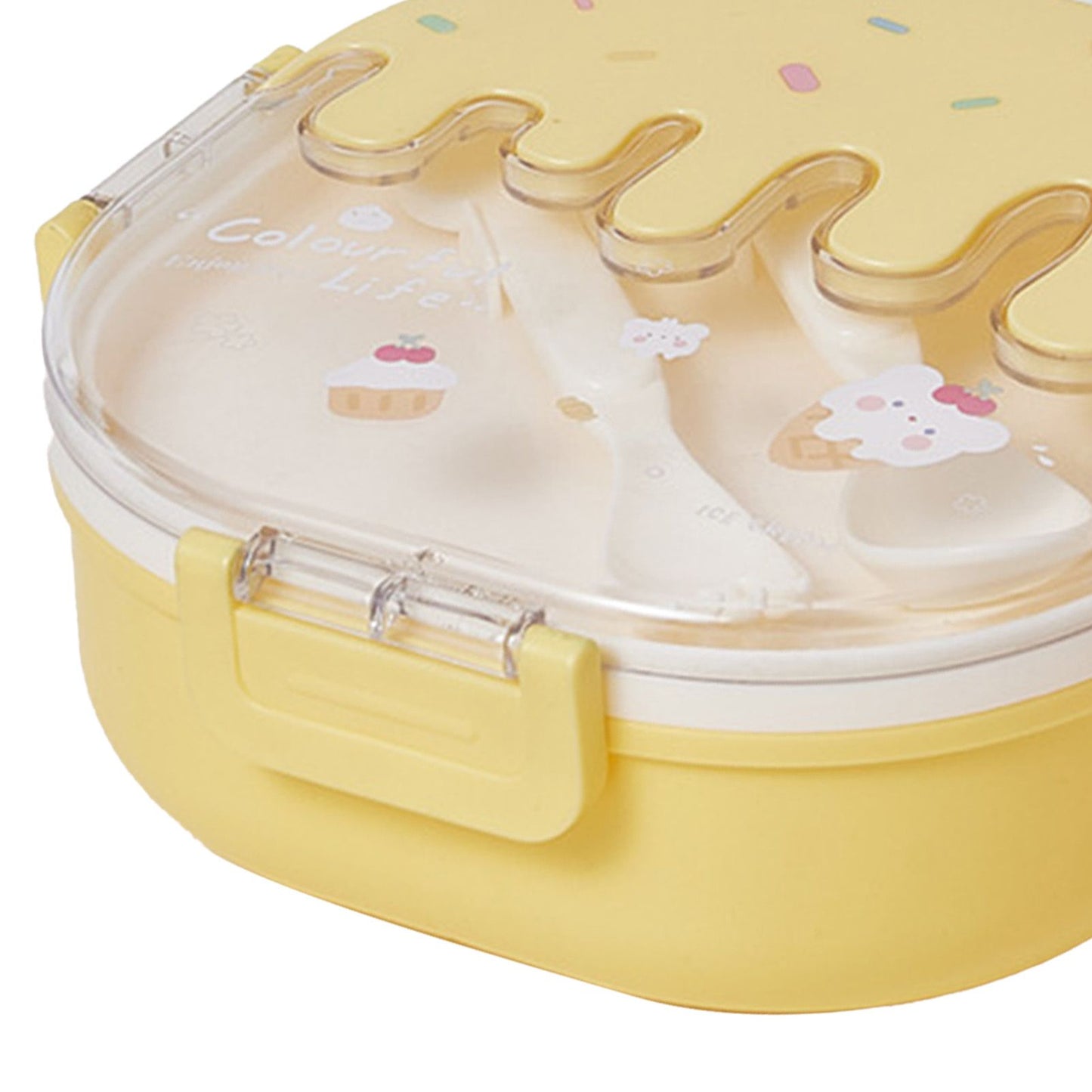 Bento Lunch Box for Kids Adults 3 Compartment Plastic Cute Ice Cream Lunch Snack Containers with Fork and Spoon for School Work Travel Yellow