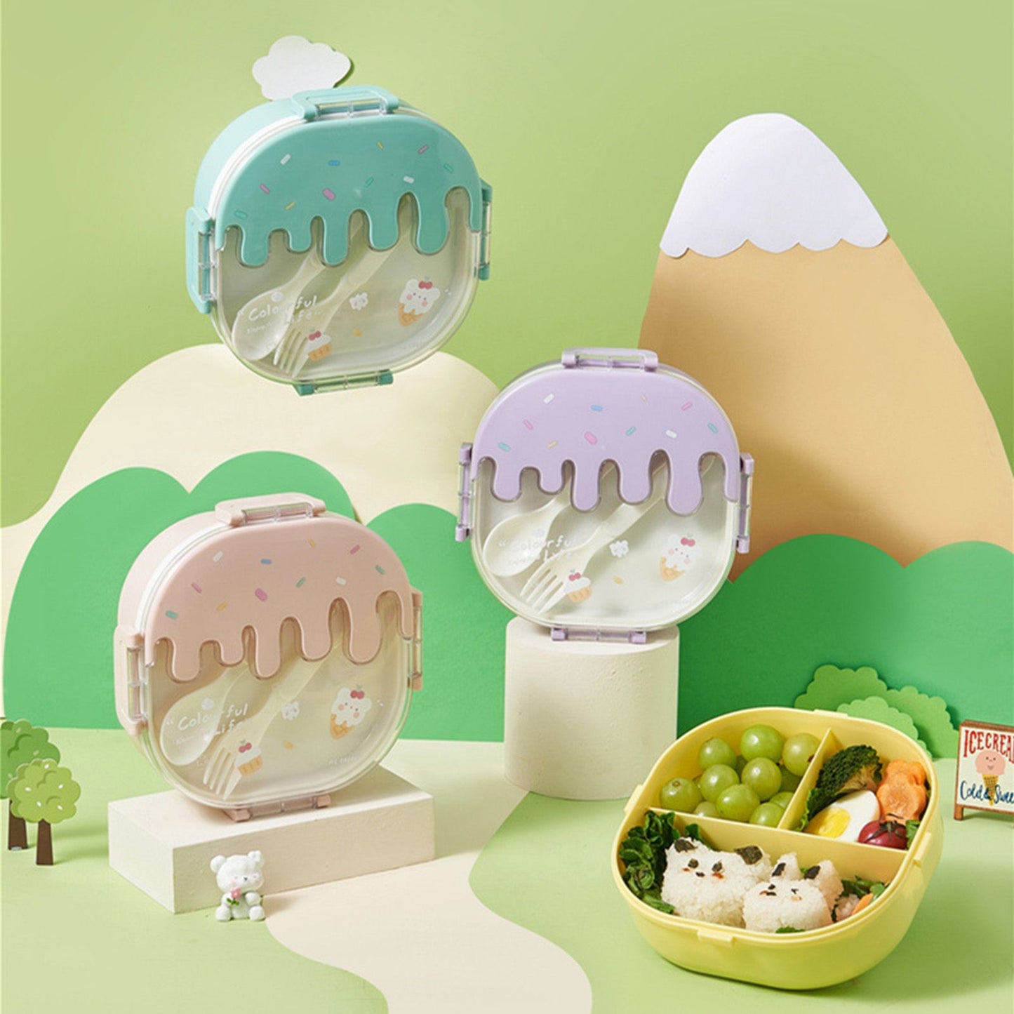 Bento Lunch Box for Kids Adults 3 Compartment Plastic Cute Ice Cream Lunch Snack Containers with Fork and Spoon for School Work Travel Yellow