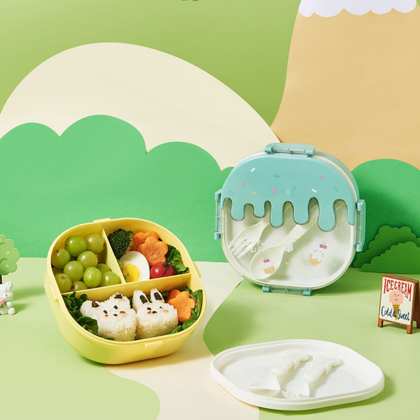 Bento Lunch Box for Kids Adults 3 Compartment Plastic Cute Ice Cream Lunch Snack Containers with Fork and Spoon for School Work Travel Yellow