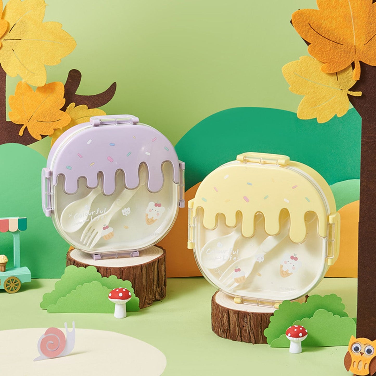 Bento Lunch Box for Kids Adults 3 Compartment Plastic Cute Ice Cream Lunch Snack Containers with Fork and Spoon for School Work Travel Yellow