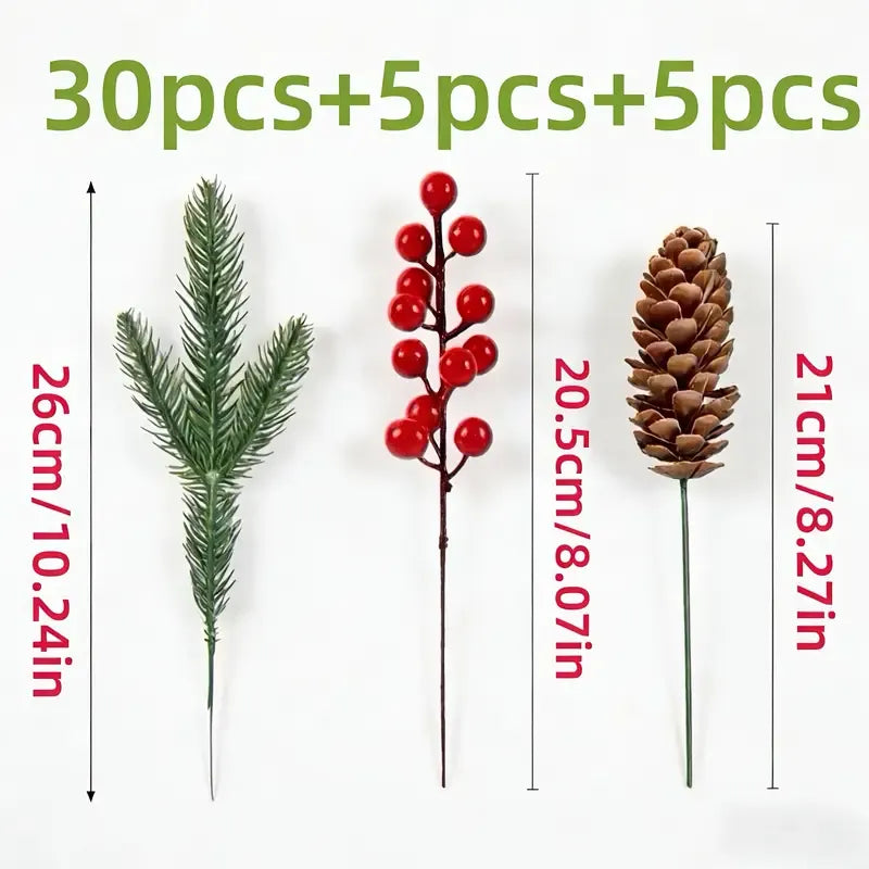 40-Piece Artificial Pine Branch Red Berry Pinecone Set, Christmas Table Decoration DIY Wreath Material