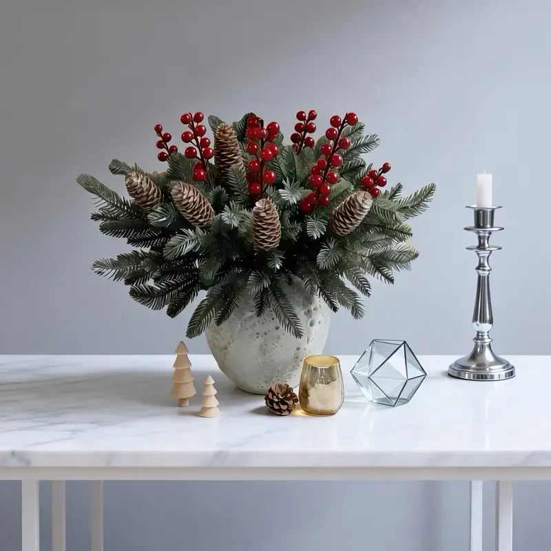 40-Piece Artificial Pine Branch Red Berry Pinecone Set, Christmas Table Decoration DIY Wreath Material