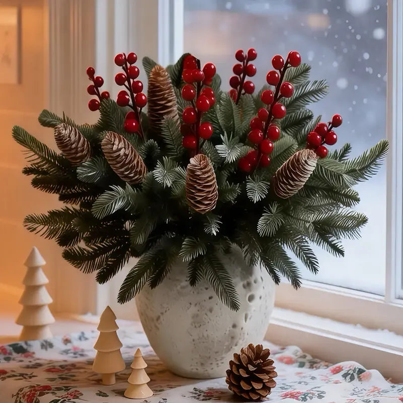 40-Piece Artificial Pine Branch Red Berry Pinecone Set, Christmas Table Decoration DIY Wreath Material