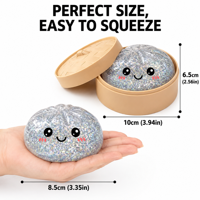 Realistic Steamed Bun Squishy Stress Relief Toy with Steamer Basket - Purple Glitter TPR Slow Rebound Squeeze Fidget for Adults