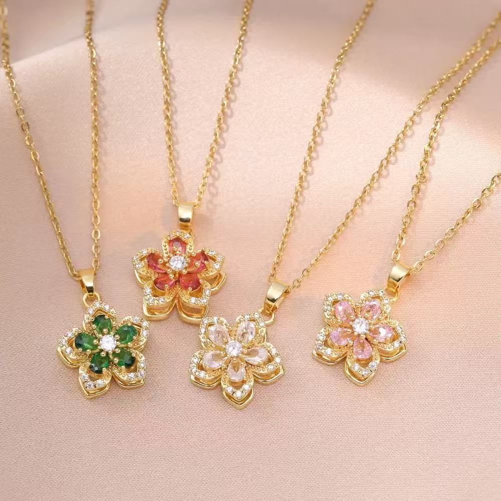 White Rotating Bauhinia Zircon Flower Pendant Necklace - Alloy and Zircon - 15mm Pendant, 40+5cm Chain, Design for Women, Fashionable Collarbone Jewelry Gift