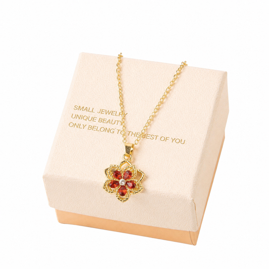Red Rotating Bauhinia Zircon Flower Pendant Necklace - Alloy and Zircon - 15mm Pendant, 40+5cm Chain, Design for Women, Fashionable Collarbone Jewelry Gift