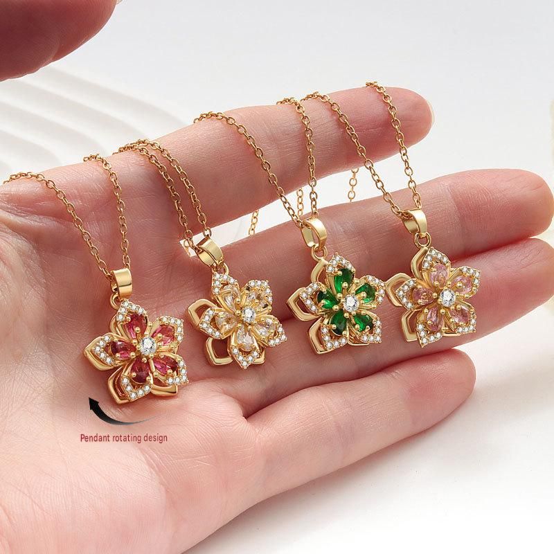 Red Rotating Bauhinia Zircon Flower Pendant Necklace - Alloy and Zircon - 15mm Pendant, 40+5cm Chain, Design for Women, Fashionable Collarbone Jewelry Gift
