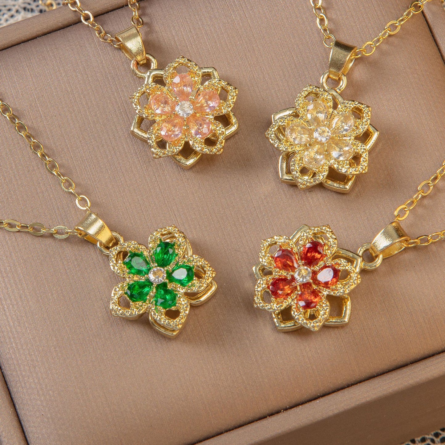 Red Rotating Bauhinia Zircon Flower Pendant Necklace - Alloy and Zircon - 15mm Pendant, 40+5cm Chain, Design for Women, Fashionable Collarbone Jewelry Gift