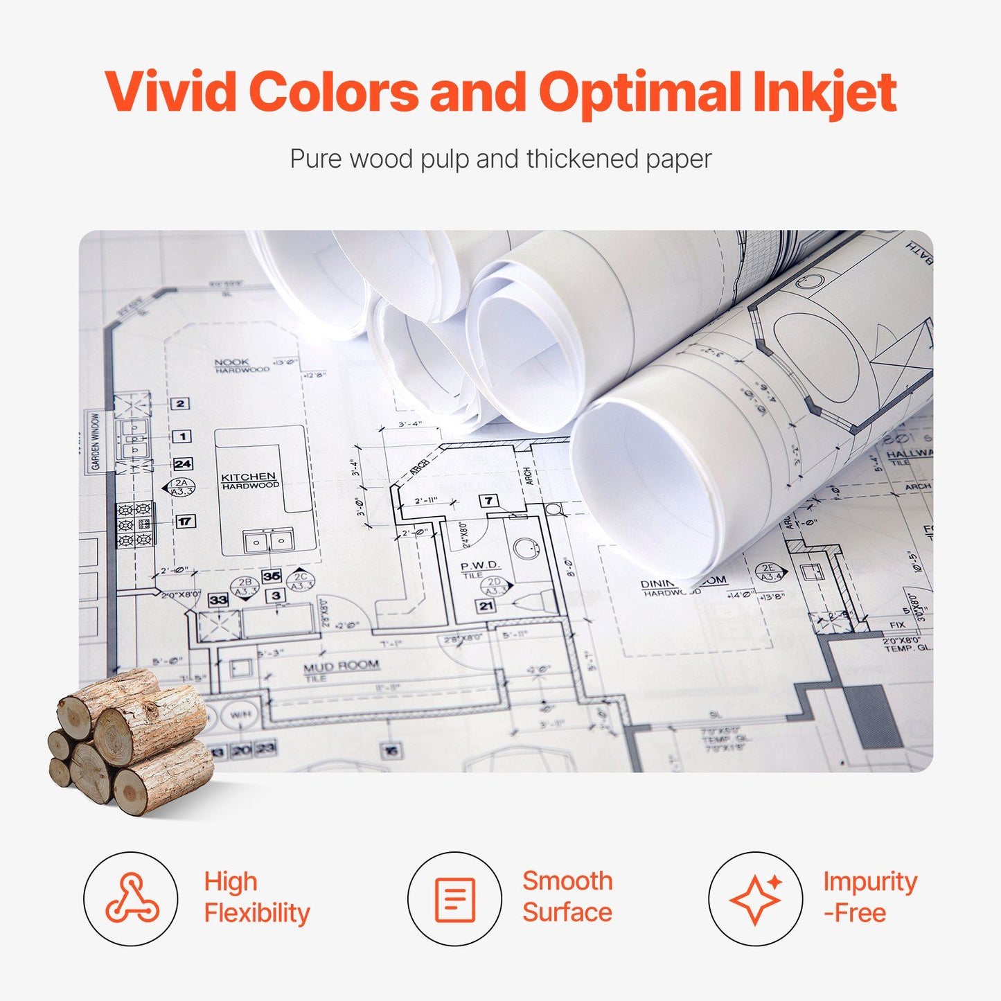 Wide Format Paper, 609.6 mm x 45.7 m Plotter Paper, 4 Rolls CAD Bond Rolls with 50.8 mm Core, 10 KG Plotter Paper Rolls, for CAD Drawings, Engineering Plans, GIS Maps & Architectural Designs