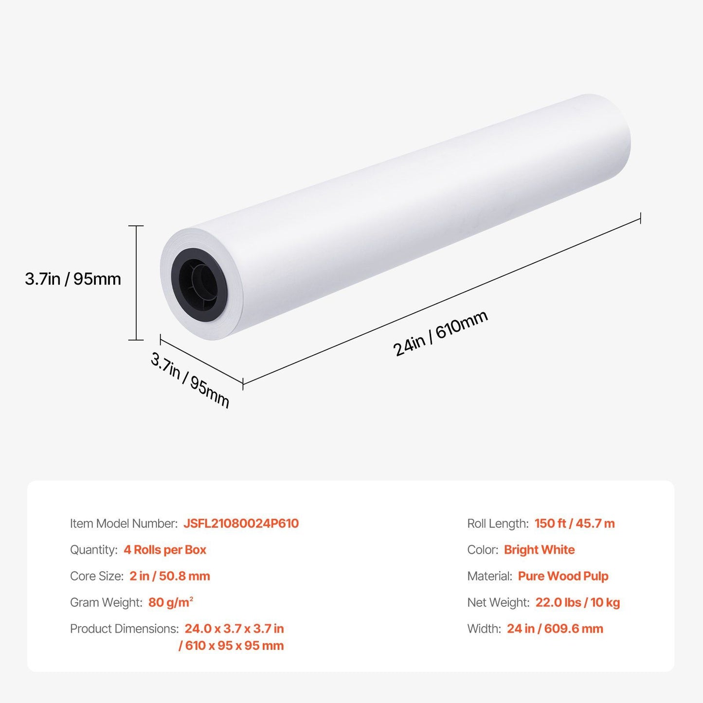 Wide Format Paper, 609.6 mm x 45.7 m Plotter Paper, 4 Rolls CAD Bond Rolls with 50.8 mm Core, 10 KG Plotter Paper Rolls, for CAD Drawings, Engineering Plans, GIS Maps & Architectural Designs